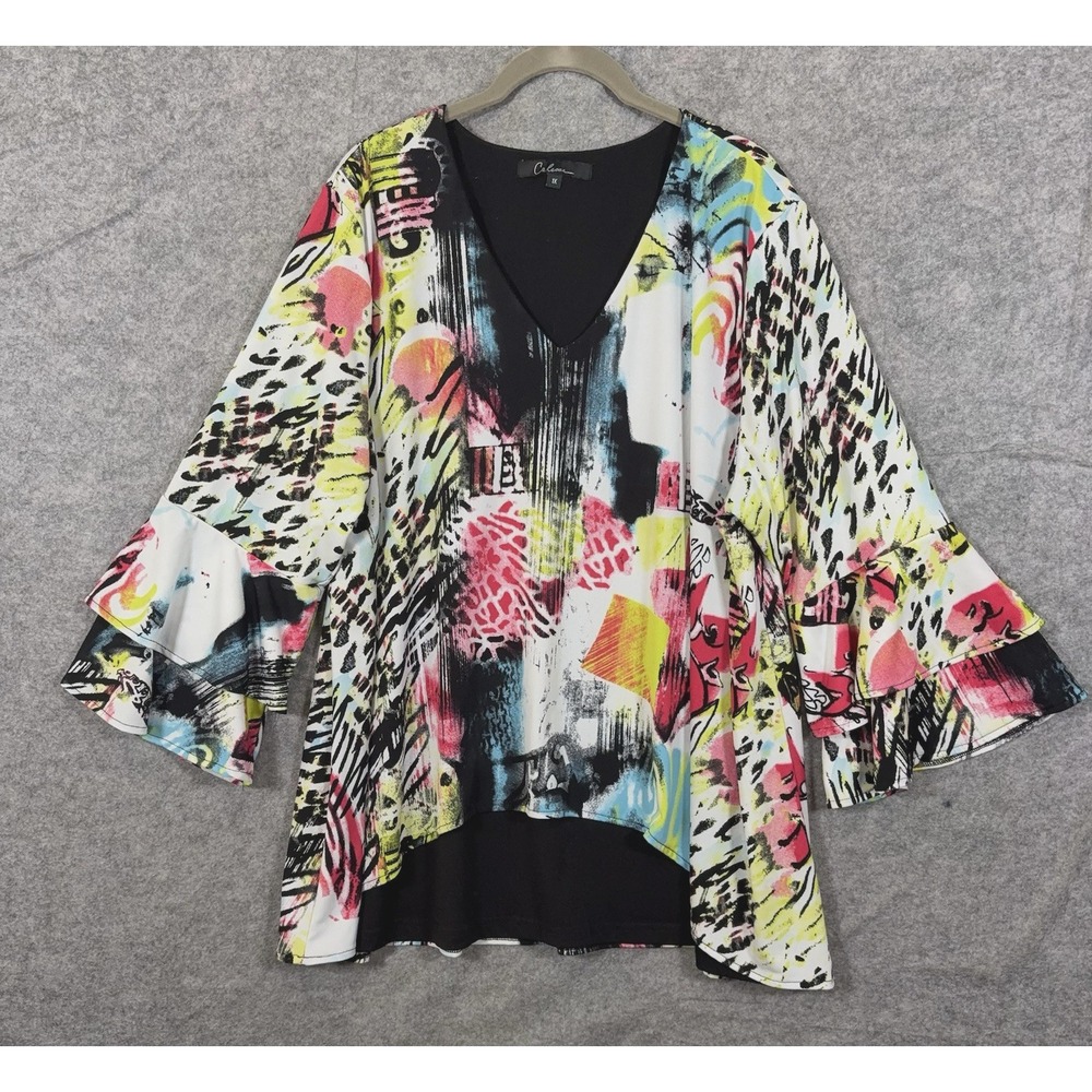 Calessa Blouse Tunic Womens 1X Multicolor Abstract Double Layered Art